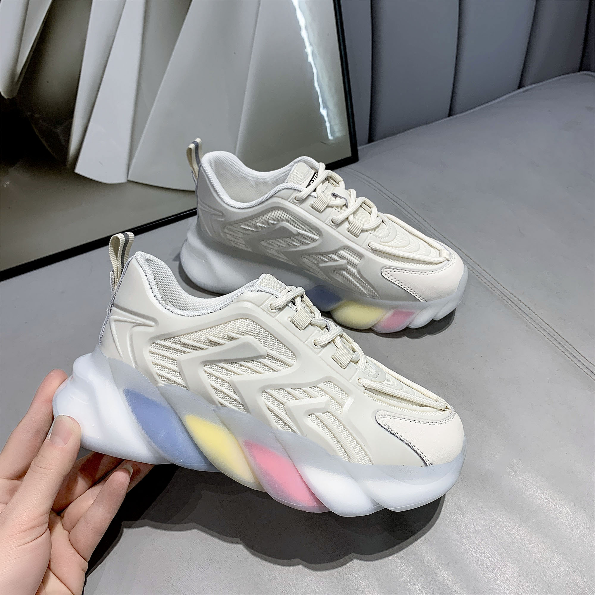 

Fashion Women Spring Old Dad Shoes Trendy Thick-Sole Rainbow Sneakers Girls Vulcanize Shoes Casual Platform Woman Sports Sneaker