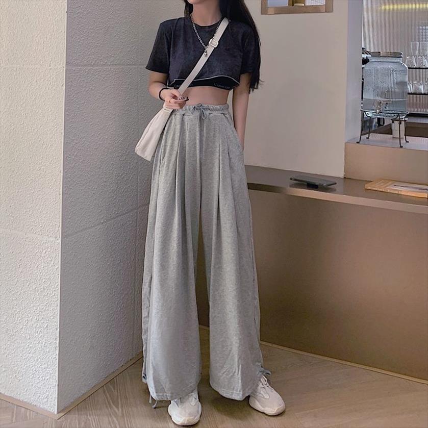 

korean style wide leg women capris summer fashion gray sweatpants high waist loose casual solid joggers, Black;white