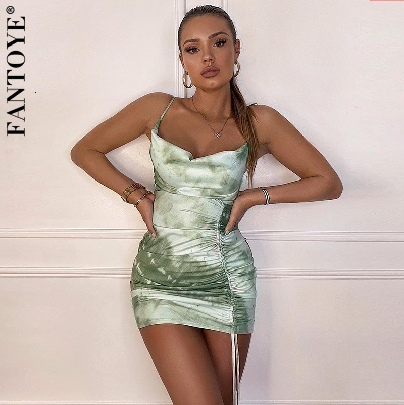 

Casual Dresses Tie-dye Spaghetti Strap Drawstring Woman Summer Sexy Backless Ruched Skinny Streetwear Fashion Mini Vestidos WB6R, As shown