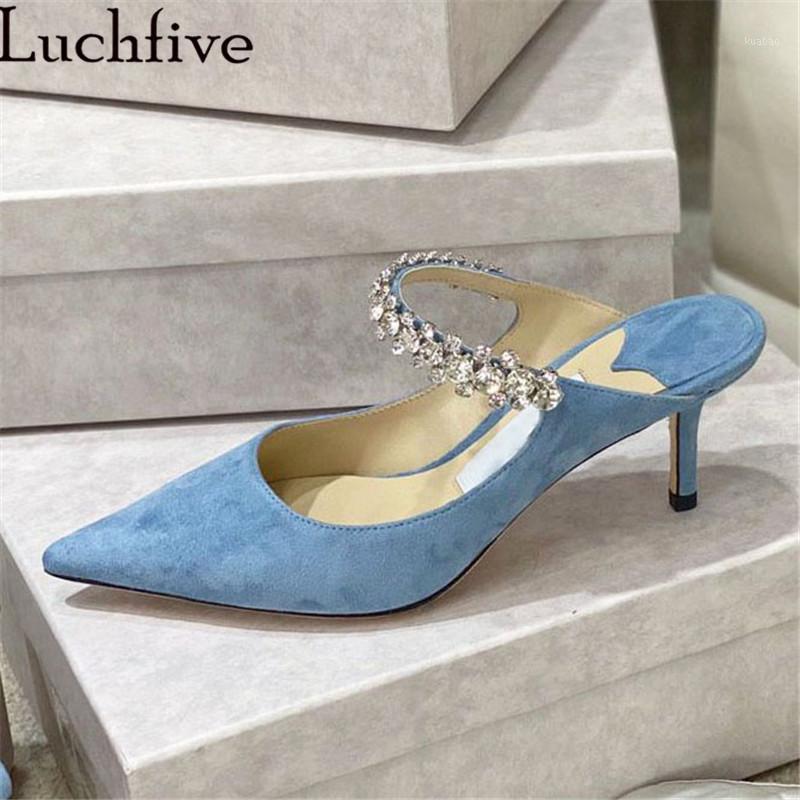

Quality Crystal Strap Kitten Heel Slippers Women Light Suede Pointy Flat Bottom Mule 2021 Summer Sexy Formal Party Shoes Mujer1, Light pink high heel