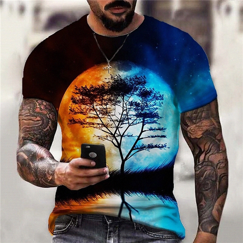Men's T shirt 3D Print Graphic Tree Moon Crew Neck Daily Sports Print Short Sleeve Tops Casual Classic Designer Big and Tall Blue N5Po#