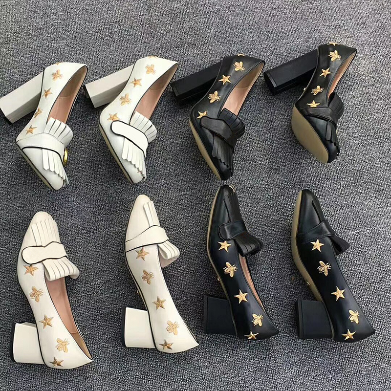 

2021 women high heels Top Marmont pumps Embroidered pumps Thick High heel shoes with charming Tassel black Girl Party shoes wedding size 1, 5cm beige