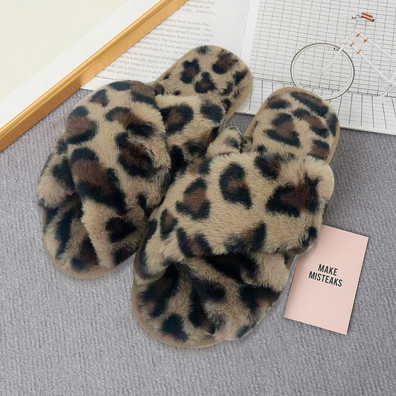 

Slippers Winter Women House Warm Faux Fur Fashion Shoes Woman Slip On Flats Female Slides Leopard Cozy Home Furry, White
