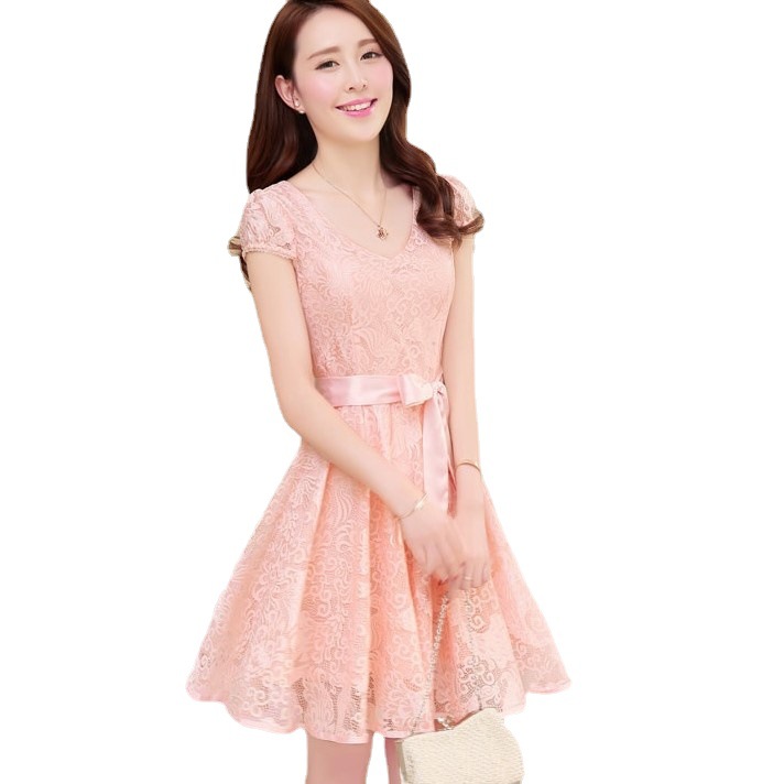 

The Korean version of summer slimming lace short-sleeved dress cocktail, Pink