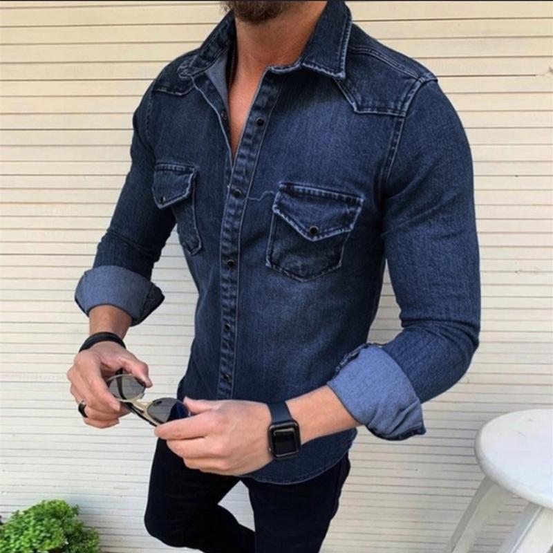 

Men's Jackets Solid Color Long Sleeve Denim Shirt Straight Pocket Loose Top Coat Single Breasted Turn-down Collar, Black;brown