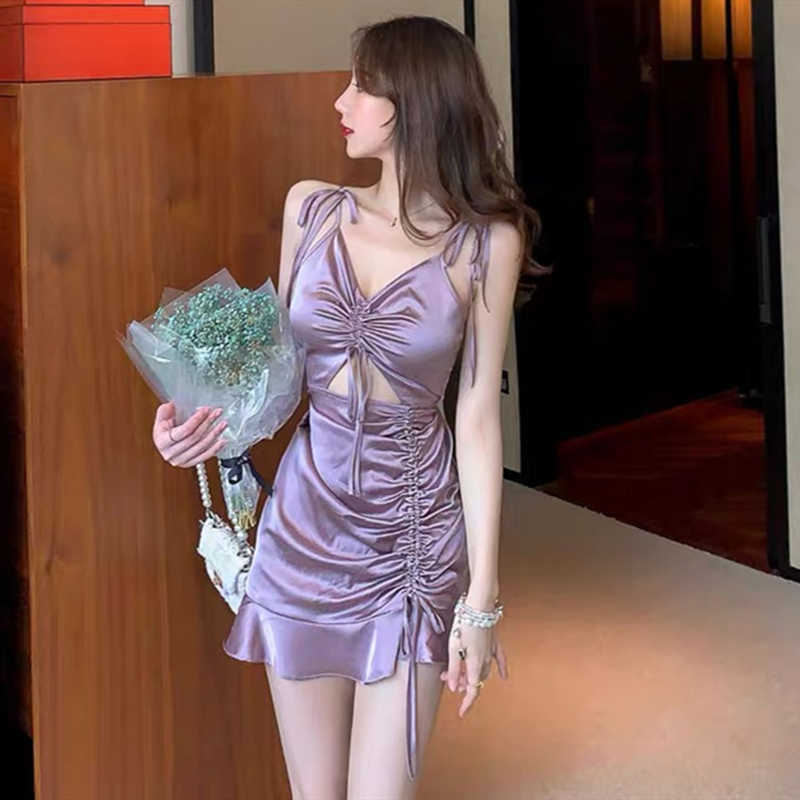 

Sexy Dresses Party Night Club Satin Mini Cutout Ruched Ruffle Elegant Backless Lace Up Prom Bridesmaid 210604, Purple