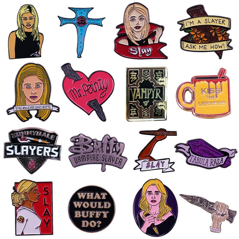 

Pins, Brooches 16 Styles Buffy The Vampire Slayer Series Brooch Mr. Pointy Stake Crystal Spell Librarian Mug Pin TV Show Fans Great Collecti
