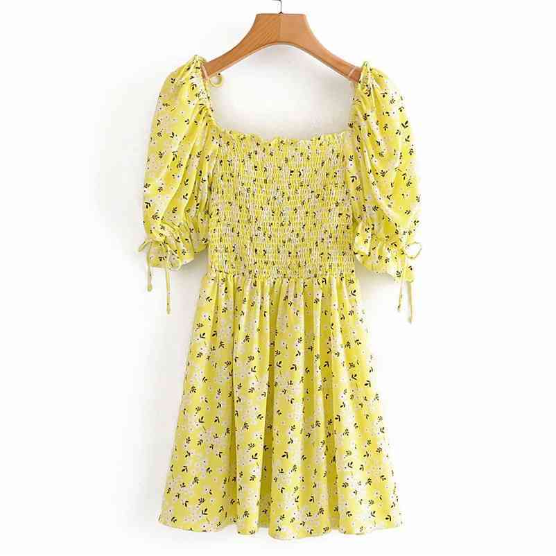 

Summer 100% Polyester Square Collar Puff Sleeves Yellow Printing Shirring Casual Women Knee-length Dress 210524