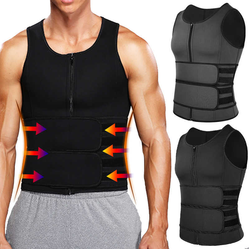 

Mens Corset Body Shaper Sauna Vest Waist Trainer Double Belt Sweat Shirt Abdomen Slimming Shapewear Fat Burn Fitness Top, Black