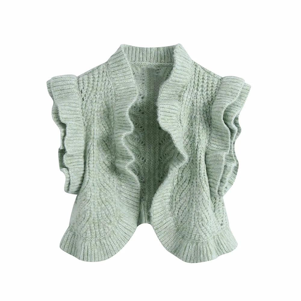 

Women Mint Green Ruffles Lamination Decorate Sweater Female Short Sleeve No Duttons Cardigan Chic Top 210520, As picture