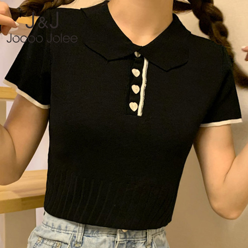 

Jocoo Jolee Summer Short Sleeve Cropped Tops Vintage Chic Polo Shirt Women Korean Harajuku Knitted Tops Sweet Button Clothing 210518, Black