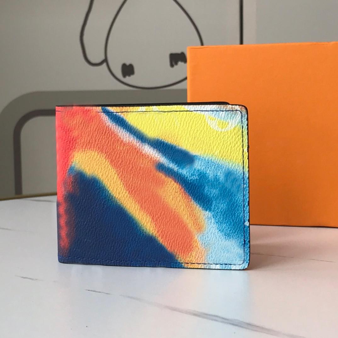 

Luxury designer short wallet ladies rainbow color tri-fold multi-card position folder coin purse men and women gift box
