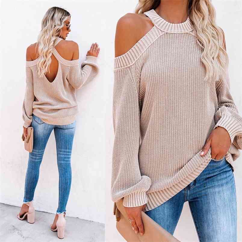 

Spring Autumn Jumper Female O-neck Long Sleeve Off Shoulder Knitted Sweater Sale Casual Loose Sexy Hollow Out Sweaters Mujer 210604, Apricot