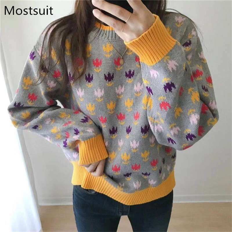 

Korean Vintage Floral Knitted Women Sweaters Pullovers Full Sleeve O-neck Sweet Fashion Tops Winter Casual Ladies Jumpers 210518, Grey