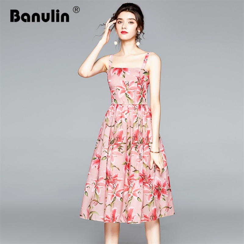 

Banulin Runway Lilies Floral Print Spaghetti Strap Dress Summer Flower Overall Tank Women Beach Boho Sundresss 210603, Pink