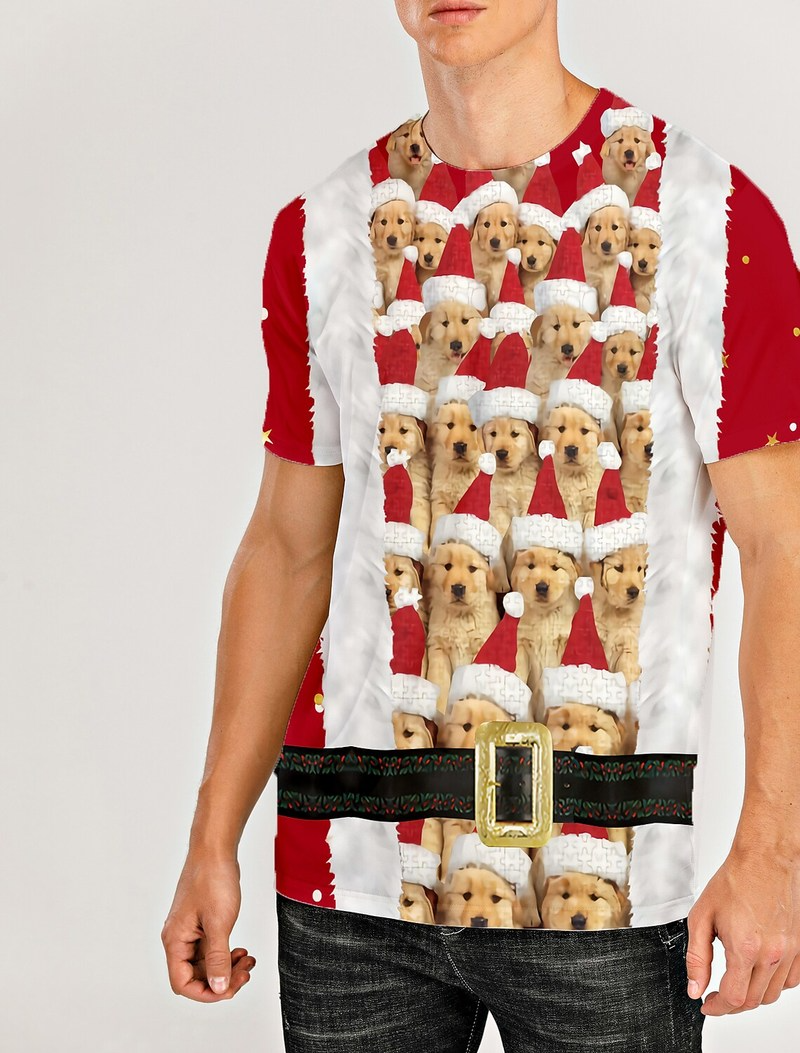 

3D printing puppy Christmas hat pattern T-shirt breathable and comfortable daily party casual loose men's short sleeves, White;black