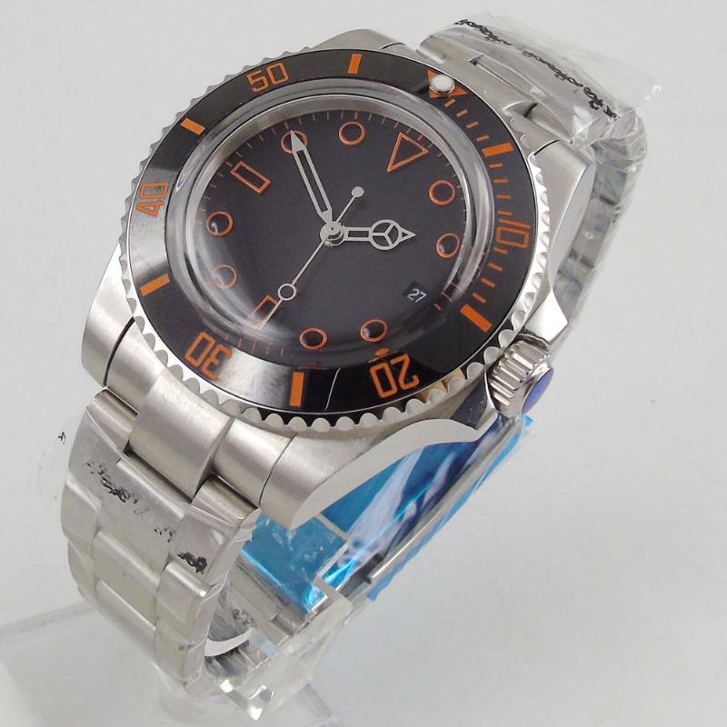 

Wristwatches 40mm Black Dial Automatic Movement Domed Glass Miyota Bracelet Strap Orange Marks Date Window Self Winding Mens Watch, Solid case back
