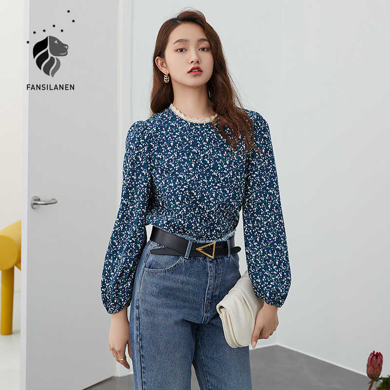 

FANSILANEN Vintage blue floral print blouse shirt Women long sleeve lace casual streetwear Female boho spring top 210607