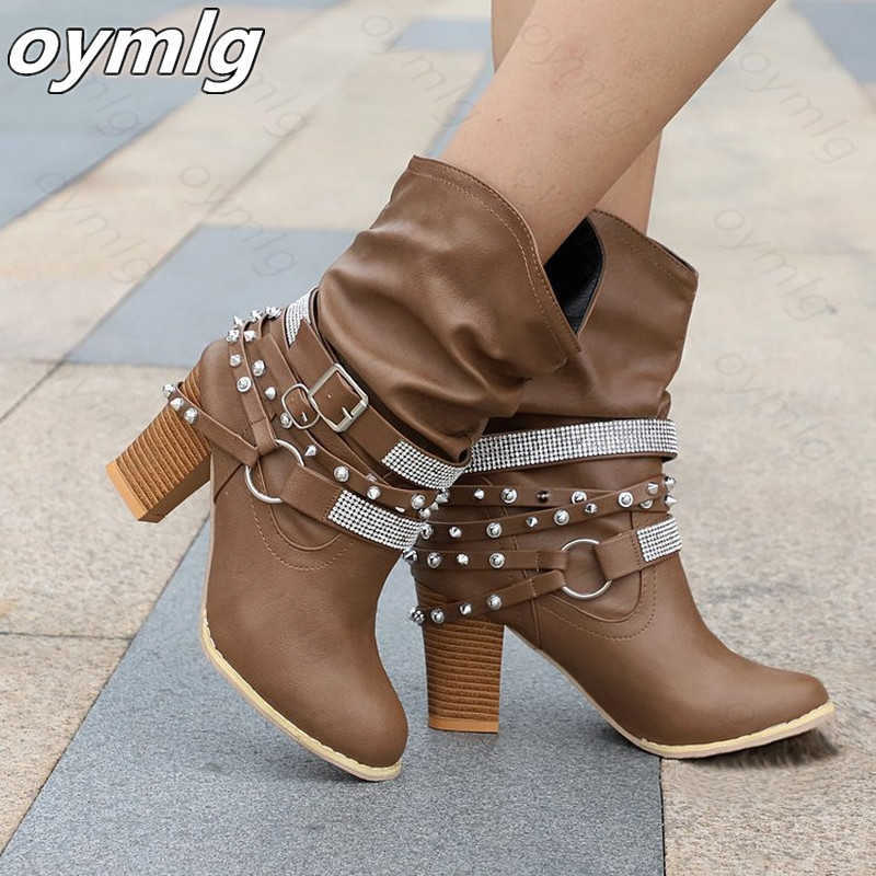 

2020 Winter Boots Women Luxury Mid Calf Boots Woman Leather Buckle Crystal High Heels Boot Female Shoes Botas Zapatos Boots Shoe H1009, Creamy-white