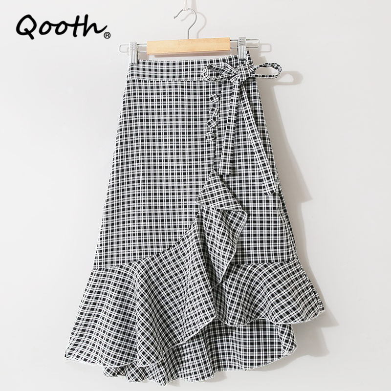 

Qooth Plaid Ruffled Irregular Length Skirt Spring Summer Button Bowknot Skirt High Waist Slimming Mid-length Sweet Skirt QT566 210518, Grey