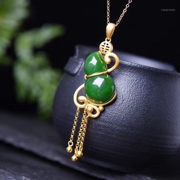 

Silver Inlaid Natural Hetian White Jade Gourd Pendant Necklace With Chinese Unique Ancient Gold Craft Charm Women's Jewelry Chains