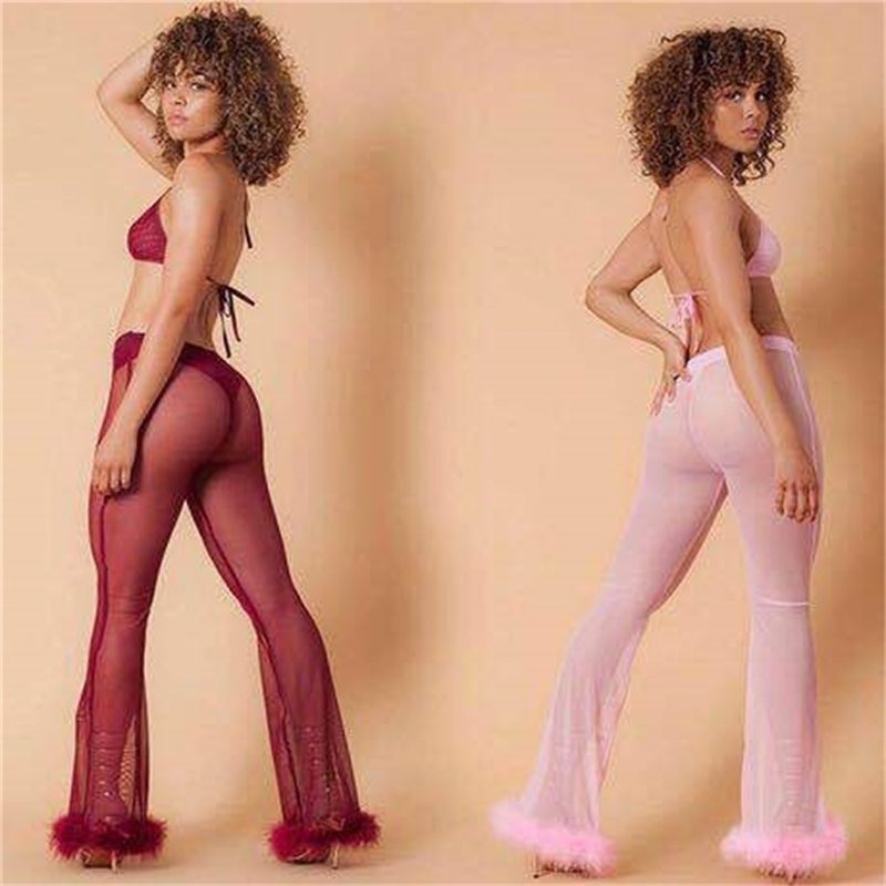 

Sexy Women Sheer Mesh Wide Leg Pants See Through Transparent Faux Fur Trim High Waist Full Night Club Wear Trousers 210517, Pink