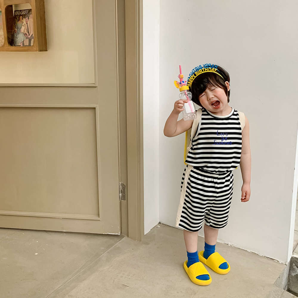 

Summer Korean knitted two piece striped printing boys' and girls' suits, White