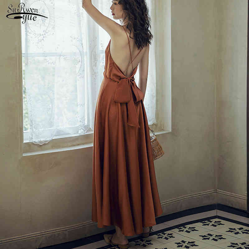 

Summer Sundress Women Sexy Strap Beach Party Dress Strapless Backless V Neck Satin Solid Vintage Dress Vestidos 13453 210518, Caramel
