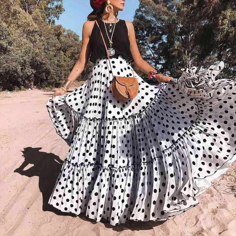 

Plus Size Polka Dot Skirts Summer Women High Waist Ruffled A-line Swing Maxi Skirt Ladies Casual Loose Layered Long Skirt, Black