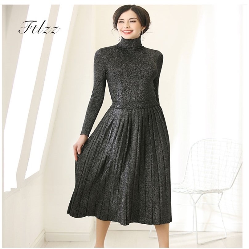 

Auutmn Winter Two Piece Sets Women Elegant Turtleneck Sweater + Pleated Skirt Twinset Suits Woman Knitted 2 Pcs Set 210525