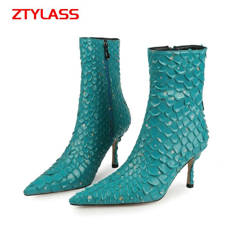 

Boots Big Size Women's Shoes 34-45 Fahion Zipper Fish-scale Print Ankle Autumn Winter Pointed Toe Thin High Heel Lady, Black