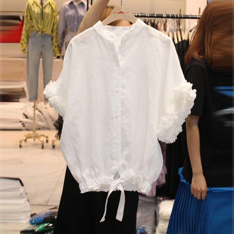 

Spring Summer Button Loose All Match Petal Solid Splicing Short Sleeve O Neck Shirt Blouse Women Tops 210615, Black