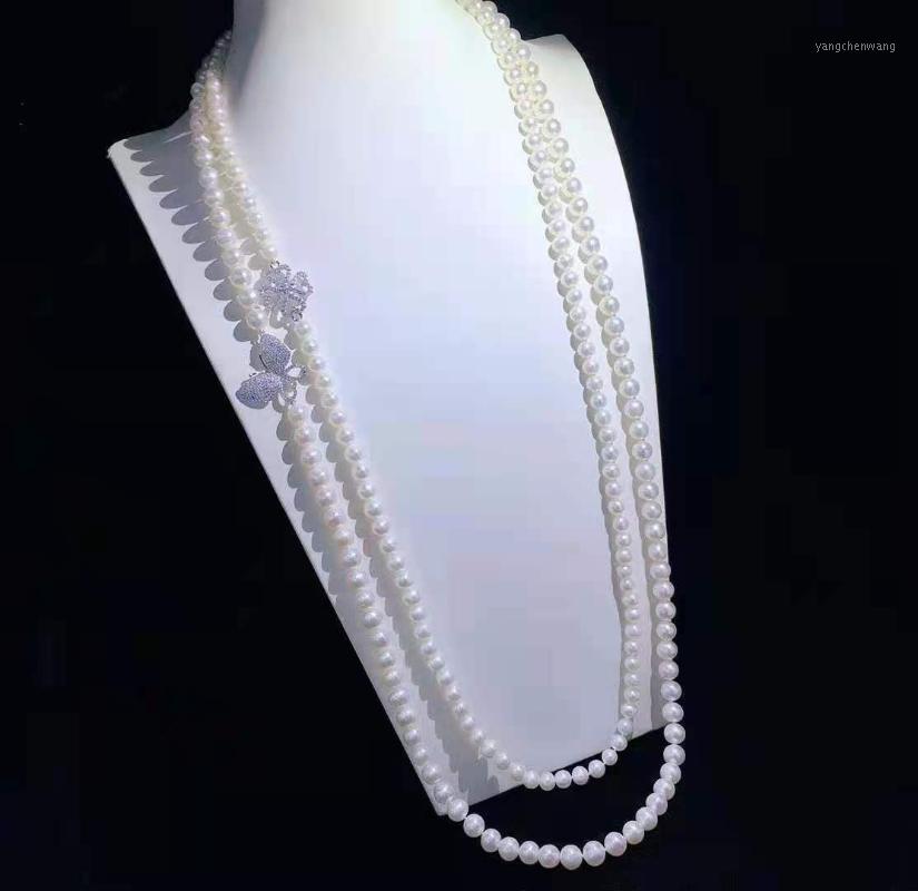 

Chains Micro Inlaid Zircon Butterfly Accessories White Freshwater Pearl Necklace Tassel Pendant Long Sweater Chain 75-85cm