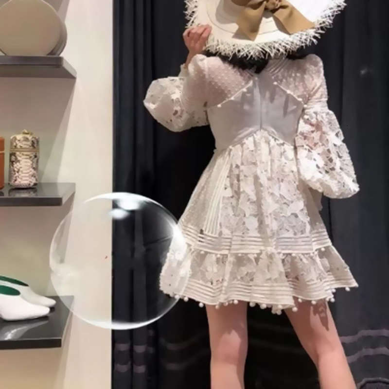 

Dresses long Casual Women's sleeve V-neck cut out lace dress mid skirt in autumn / winter, White