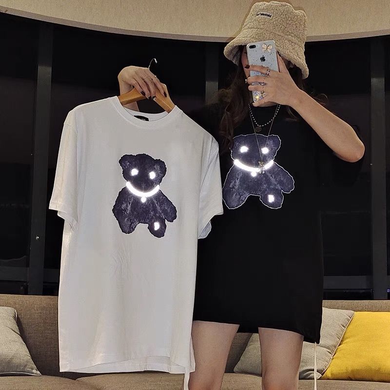 

Men' and women' cotton reflective 3M bear print spring and summer loose round neck short-sleeved T-shirts, As pictures