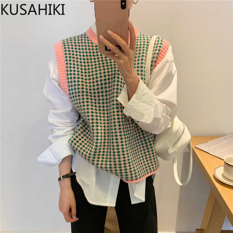 

KUSAHIKI Korean Hit Color O-neck Sleeveless Knitted Vest Causal Spring Sweater Fashion Chic Knitwear Pullover Tops 6E594 210602, Pink