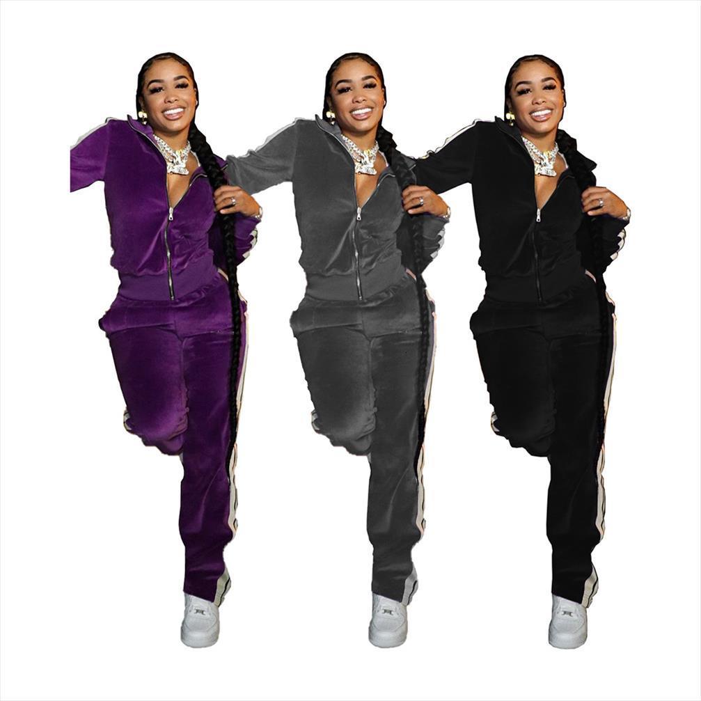 

white striped spliced velvet tracksuit women tracksuits sport suit turn down collar long sleeve and straight pant two piece outfit, Gray