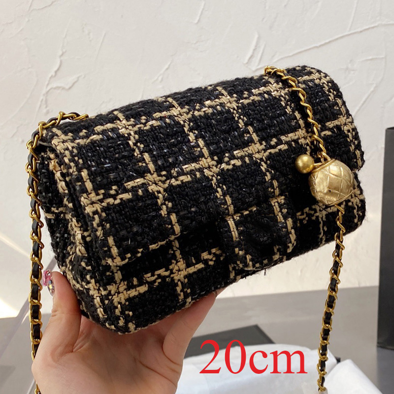 

Designer Women Plaid Tweed Shoulder Bag Paris Vintage Knitting Houndstooth Flag Handbags Golden Ball Adjustable Chain Crossbody Handbag Luxu