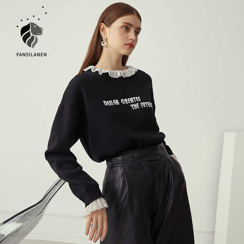 

FANSILANEN Letter embroidery lace knitted sweater Women ruffle knitwear black oversized pullover Autumn winter vintage jumper 210607