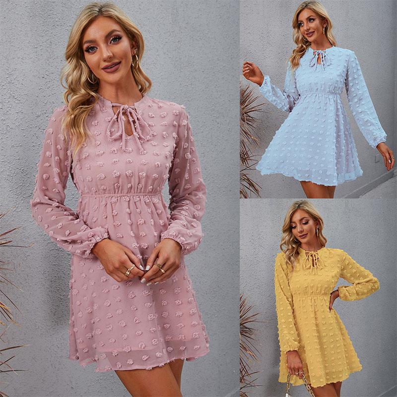 

Casual Dresses Long Sleeve Dress 2021 Women Autumn Winter Cut Flower Chiffon V-neck Mid Waist Comfortable Slim Pink Blue