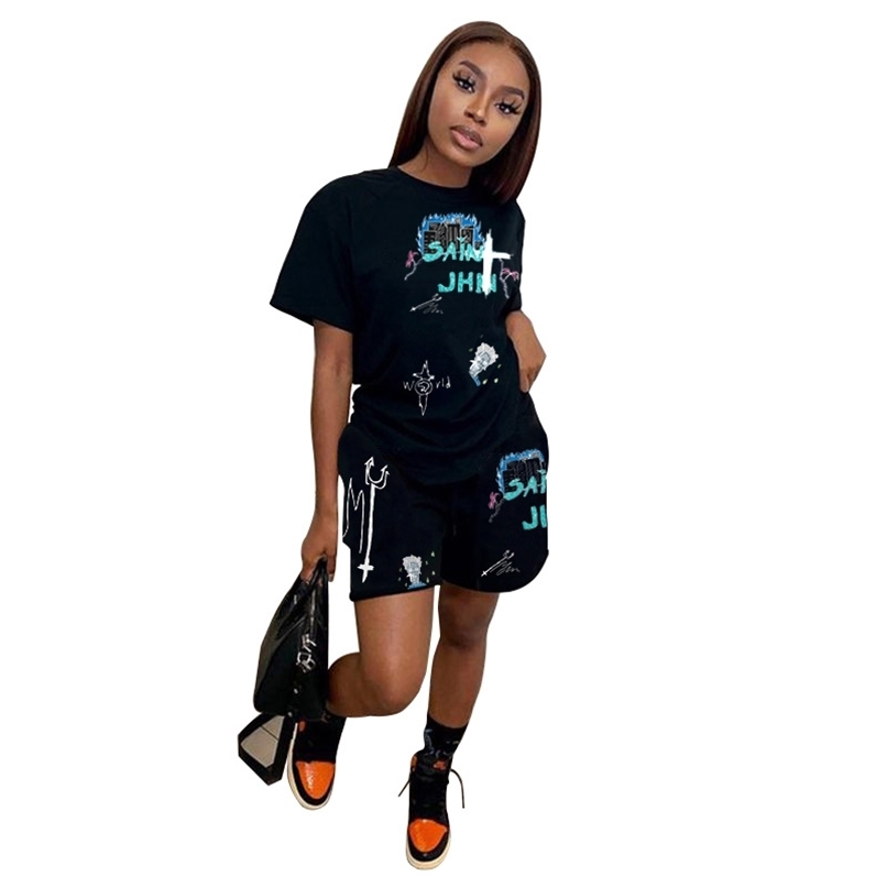 

Trendy Streetwear Cool Girl 2 Piece Sets Womens Outfits Summer Loose 90s T-Shirt Tee And Biker Shorts Men BF Style Tracksuits 210525, Black