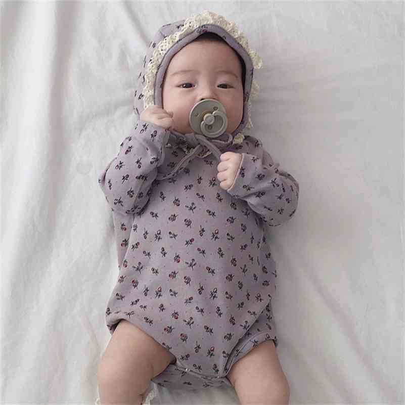

Autumn little princess lacework patchwork rose jumpsuits with cap 0-2 years baby girls cotton long-sleeved coveralls 210708, Purple