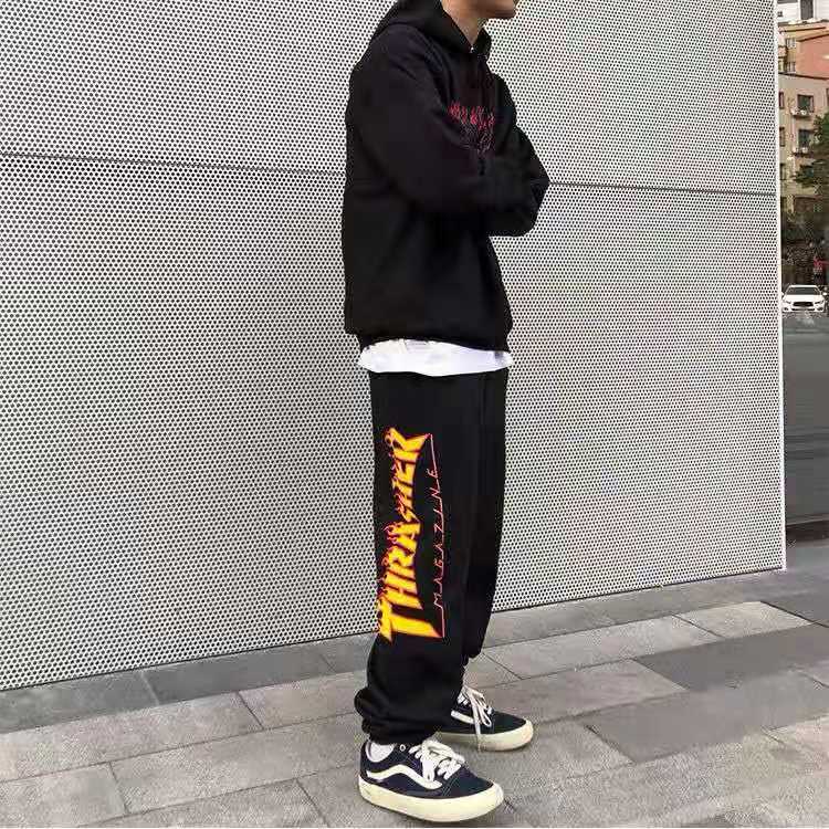 

Men and Women 100% Cotton Plus Size Loose Flame thrasher Print Skateboard Street Sport Casual Pants Trousers sweatpants, Black