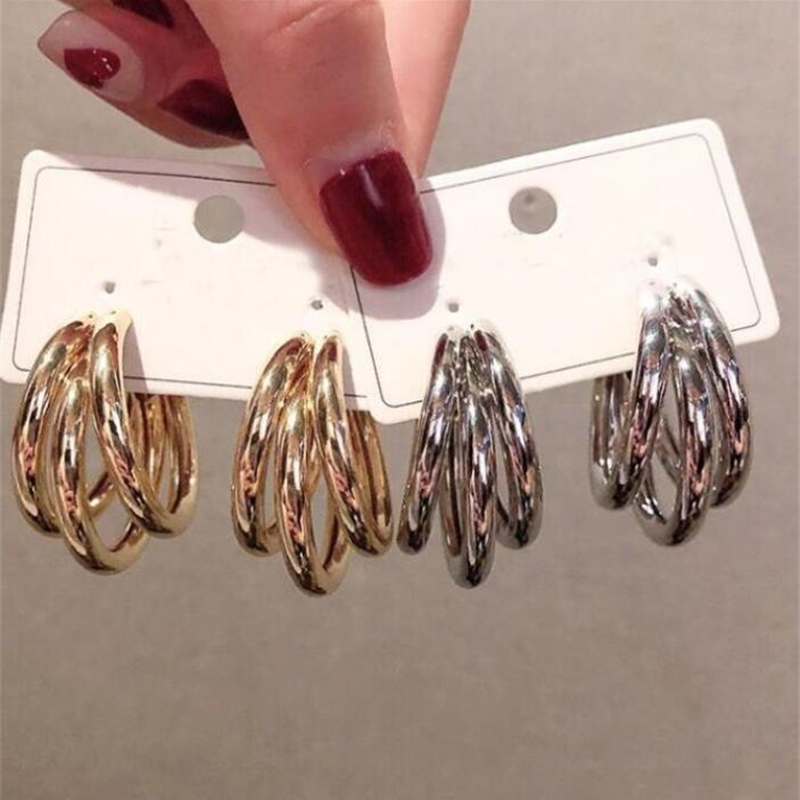 

Irregular Multilayer Ring Ear Stud Gold And Silver Earrings Punk Women Geometric Jewelry Wedding Party Gift