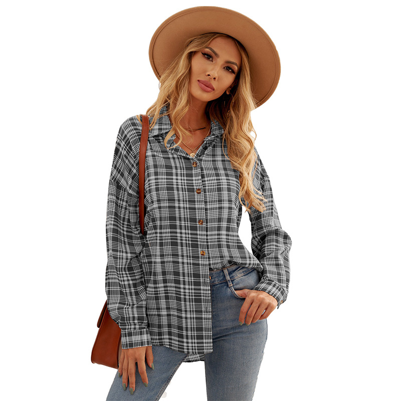 

Shiying European and American Plaid Shirt Women's Autumn and Winter New Cross-border Printing Buttoned Casual Long-sleeved Classic Plai, White