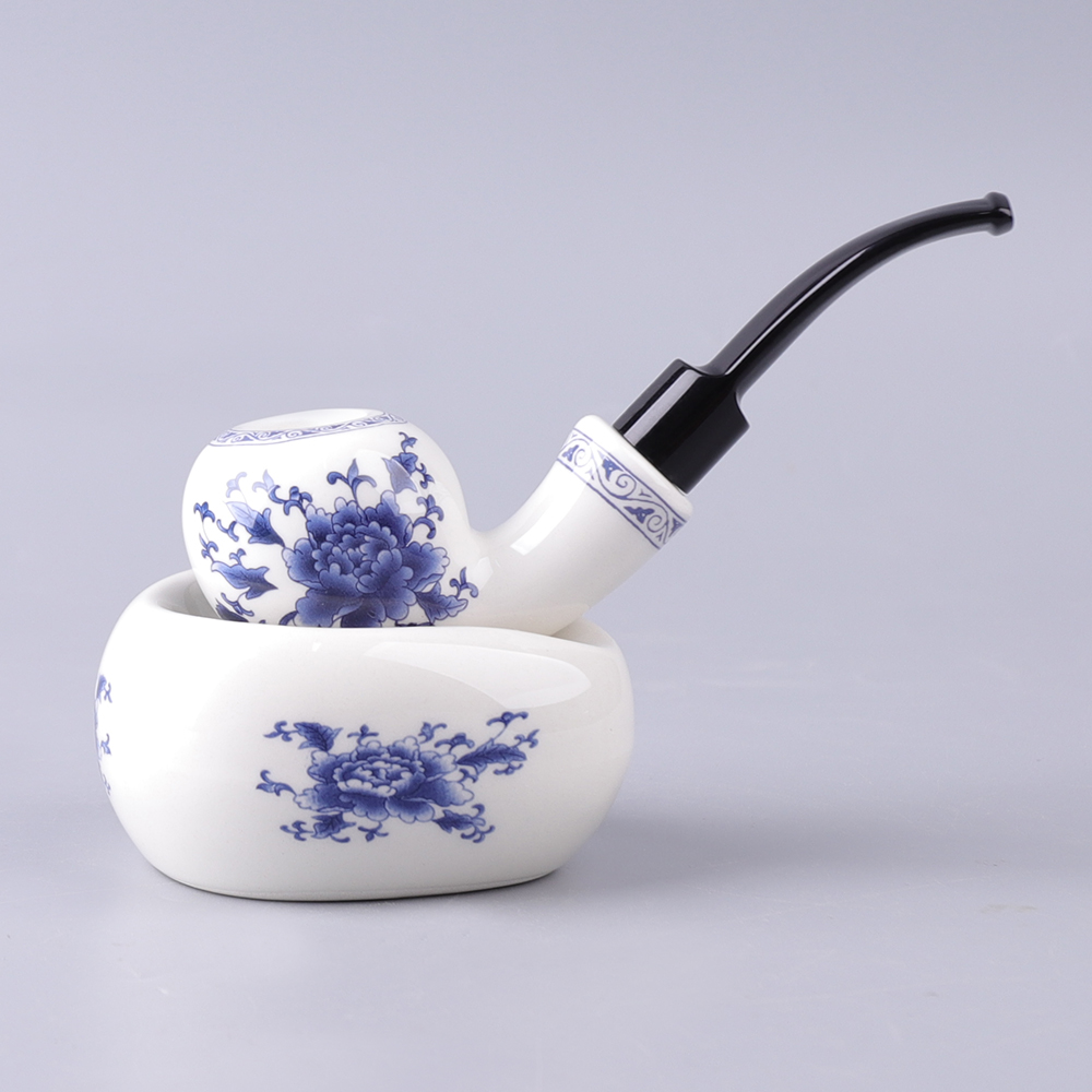 

JIBILL Ceramic Tobacco Pipe Chinese Traditional Blue And White Porcelain Smoking Tube One Seat Rack
