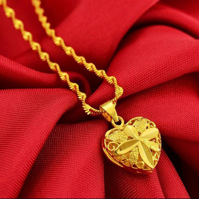 

Pendant Necklaces Wholesale Promotion Luxury Wedding Necklace Jewelry 24K Gold Filled Heart Carved For Women 45CM Long