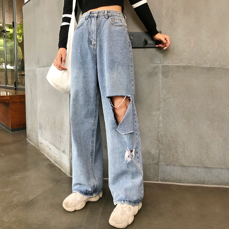 

Woman Jeans High Waist Ripped Jeans big size 2021 Clothes Wide Leg Denim hole Blue Streetwear Fashion Vintage loose Pants KZ169
