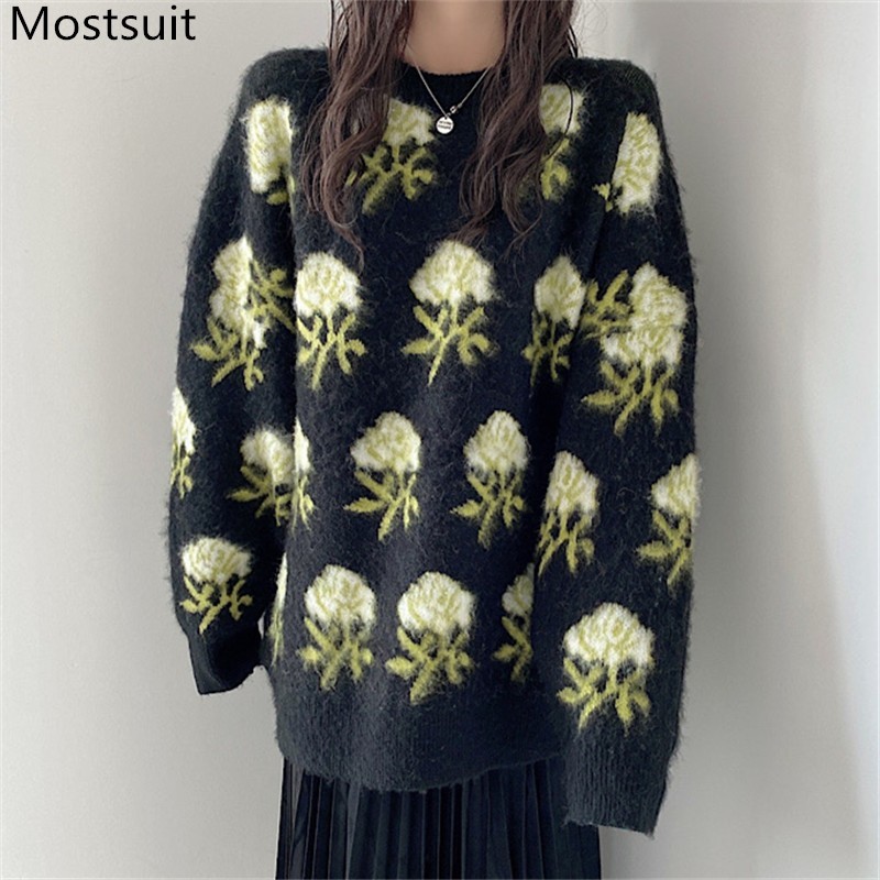

Floral Knitted O-neck Pullover Sweater Women Spring Autumn Full Sleeve Korean Vintage Elegant Female Jumpers Tops Femme 210518, Pink