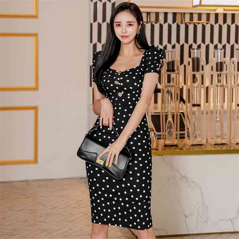 

summer style korean fashion temperament square neck thin sexy half sleeve split office party for women dresses 210602, Black